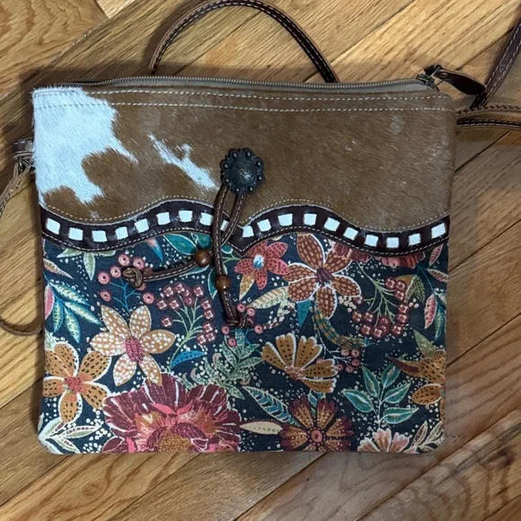 Myra Bag Floral Patterned Brown Leather Crossbody Bag - Picture 2 of 6
